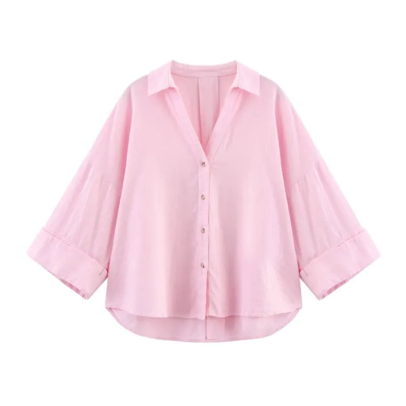 HipSeam Wide Sleeved Shirt Women Spring Asymmetric Hem Button Women's Shirts Simple Lady Johnny Collar Shirts & Blouses