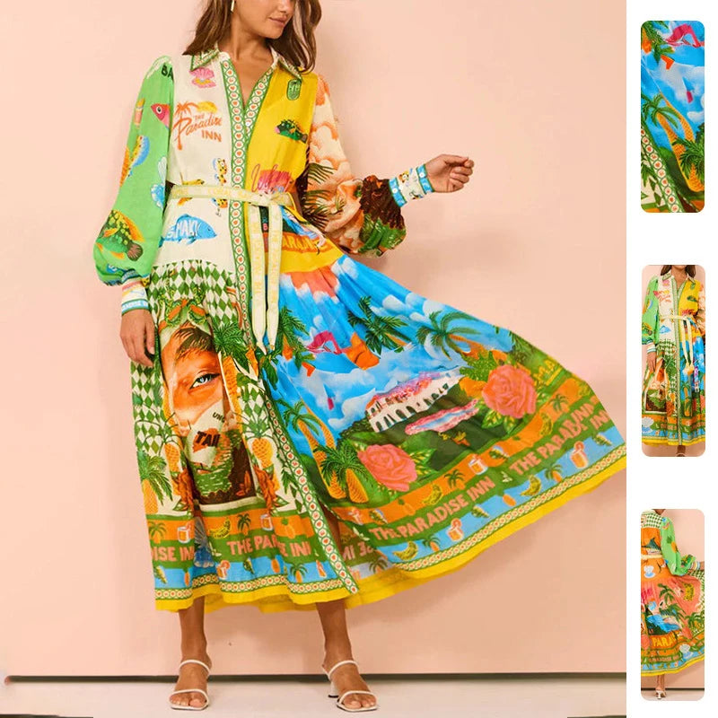 2026Spring new women's clothing European and American cross-border dresses Casual Lantern Sleeve Belted Printed Cardigan Dress