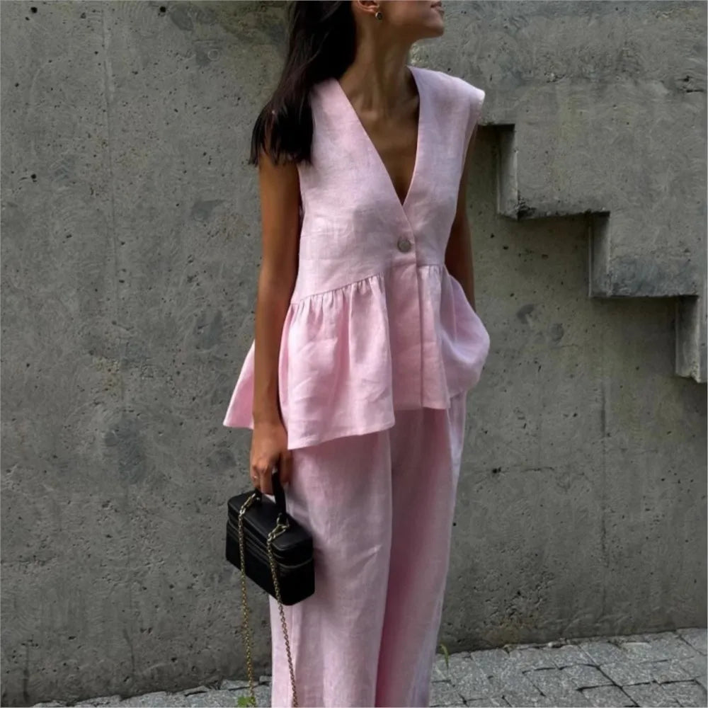 Casual Sleeveless Vest V Neck Blouse Trousers Cotton Linen 2 Piece Set Summer New Solid Color Loose Trousers Female Suit 2025