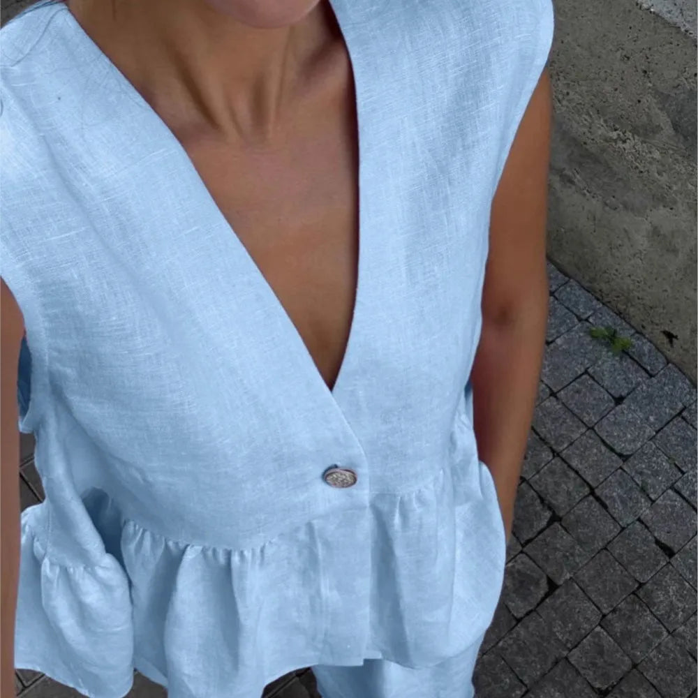 Casual Sleeveless Vest V Neck Blouse Trousers Cotton Linen 2 Piece Set Summer New Solid Color Loose Trousers Female Suit 2025