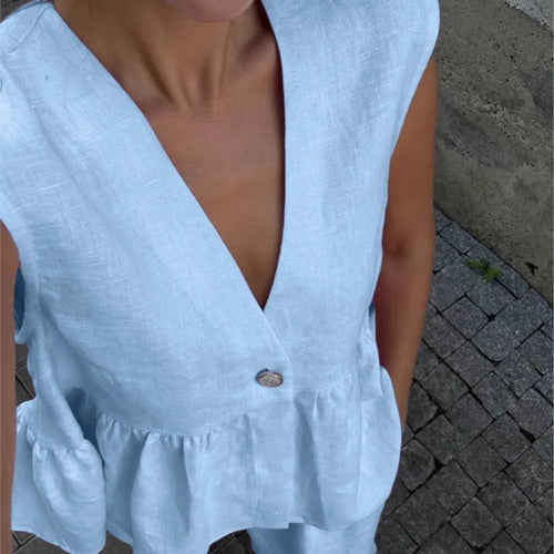 Casual Sleeveless Vest V Neck Blouse Trousers Cotton Linen 2 Piece Set Summer New Solid Color Loose Trousers Female Suit 2025