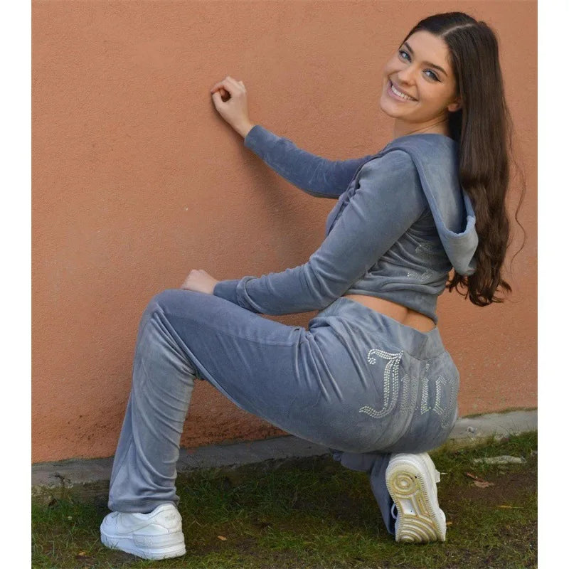 Fashion Rhinestone Korean Velvet Sports and Leisure Set Two-piece Set Women 2025 Autumn New Womens Clothing