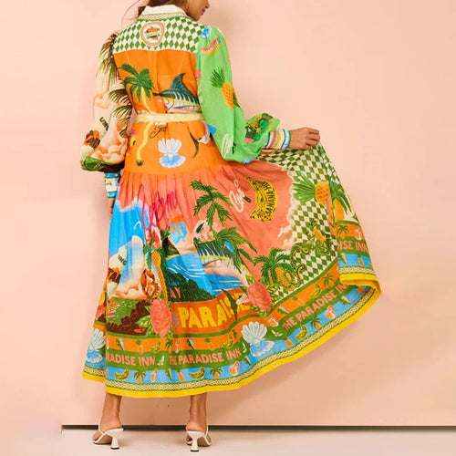 2026Spring new women's clothing European and American cross-border dresses Casual Lantern Sleeve Belted Printed Cardigan Dress