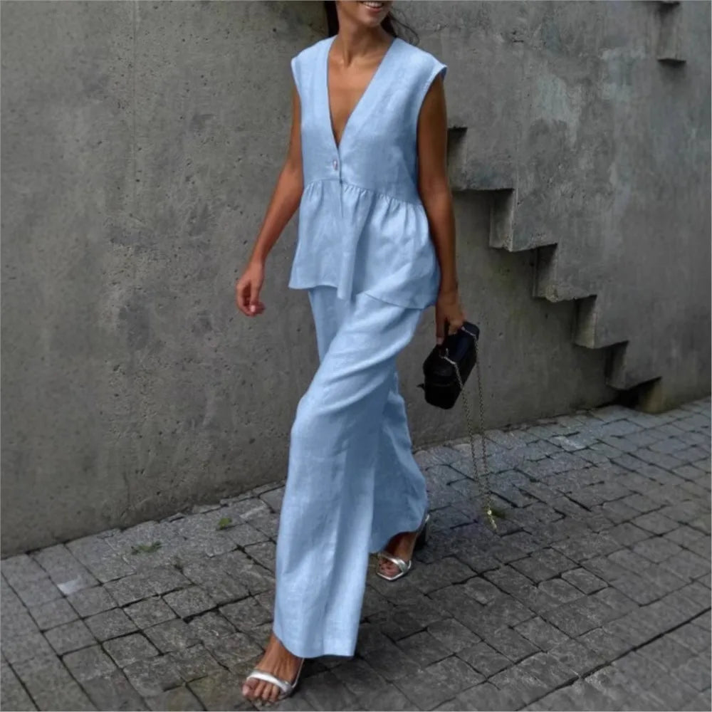 Casual Sleeveless Vest V Neck Blouse Trousers Cotton Linen 2 Piece Set Summer New Solid Color Loose Trousers Female Suit 2025